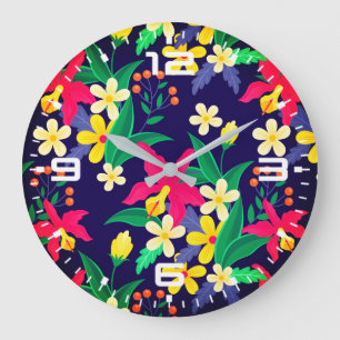 Relógio Grande Padrão de Folhas Flores Exóticas Coloridas-23021