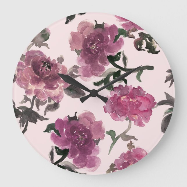 Relógio Grande Padrão de Ilustração das Flores de Aquarelas Sem C (Frente)