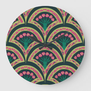 Relógio Grande Padrão de leque floral rosa e verde