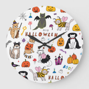 Relógio Grande Padrão de Linha de Vintagem de Gatos Halloween