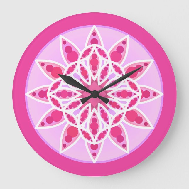 Relógio Grande Padrão de Mandala em rosa, fúcsia e branco (Frente)