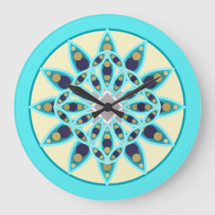 Relógio Grande Padrão de mandala em turquesa, creme e azul-marinh