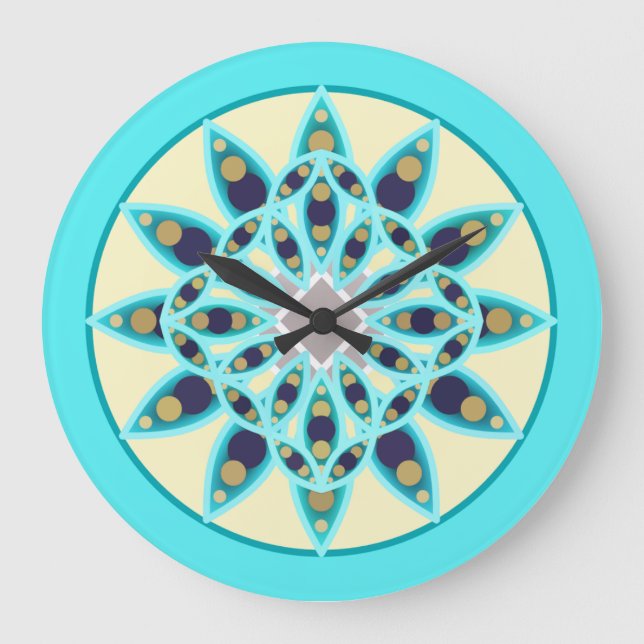 Relógio Grande Padrão de mandala em turquesa, creme e azul-marinh (Frente)