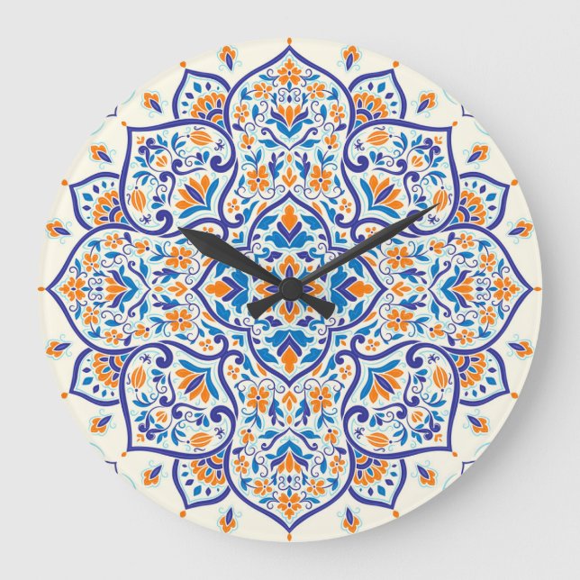Relógio Grande Padrão de Ornamento Azul Laranja de Luxo (Frente)