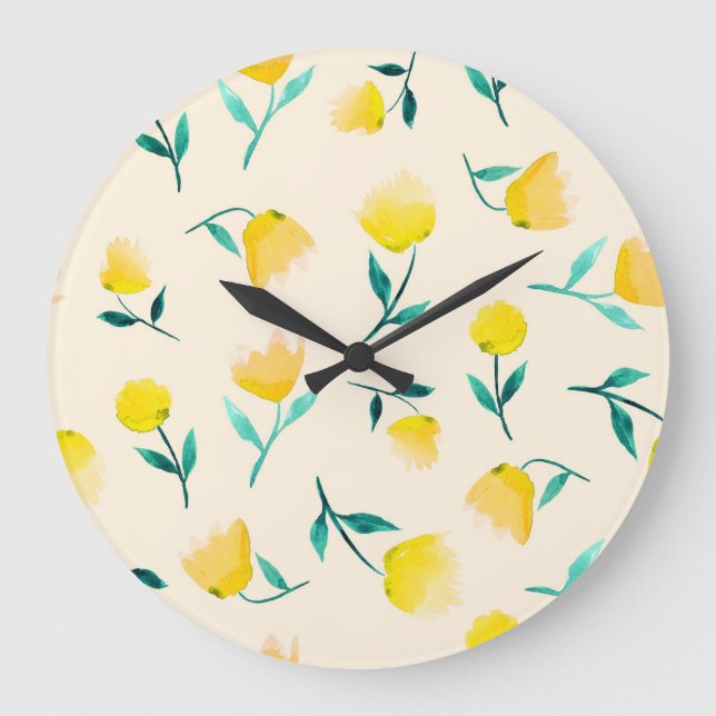 Relógio Grande Padrão de Peonia Floral de Abstrato de Aquarela (Frente)