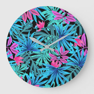 Relógio Grande Padrão de Planta Tropical Rosa Neon e Azul