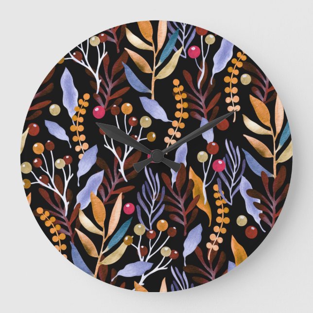 Relógio Grande Padrão de Plantas de Aquarela abstrato (Frente)