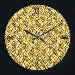 Relógio Grande Padrão de Wallpaper Art Deco, Mostarda Dourada<br><div class="desc">Art Deco - padrão geométrico do papel de parede em creme,  preto e ouro sobre uma mostarda profunda/fundo amarelo</div>