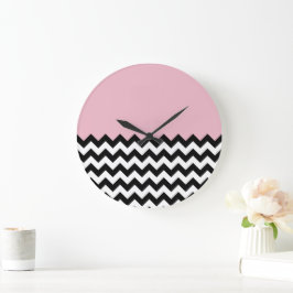 Relógio Grande Padrão de ziguezague preto e branco, Chevron, rosa