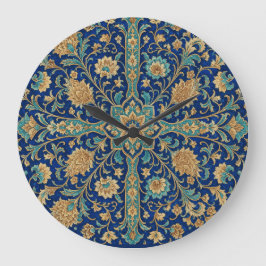 Relógio Grande Padrão Floral Arabesco Persa Azul Real