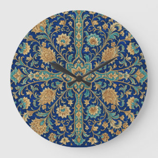 Relógio Grande Padrão Floral Arabesco Persa Azul Real