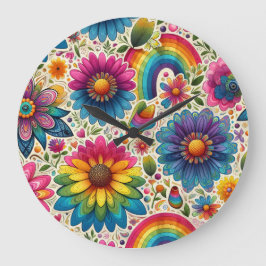 Relógio Grande Padrão Floral Arco-Íris Retrô Hippie