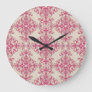 Relógio Grande Padrão Floral Damask Rosa Chic e Branco Esmaecido