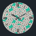Relógio Grande Padrão floral de Art Deco - branco em turquesa<br><div class="desc">Um padrão de Art Deco baseado em um padrão crisântemo tradicional e estilizado usado em têxteis japoneses,  em branco esboçado em chocolate escuro,  com um rico fundo de turquesa/pavão</div>