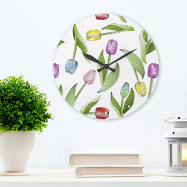 Relógio Grande Padrão Floral de Tulipa Colorido Moderno e Elegant