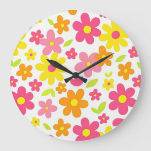 Relógio Grande Padrão Floral de Verão Brilhante Rosa e Amarelo Re