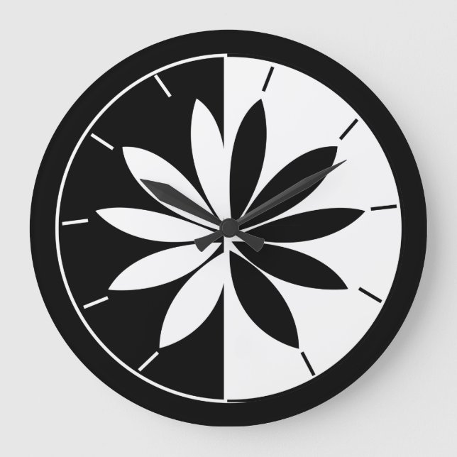 Relógio Grande Padrão Floral do Círculo Negro e Branco (Frente)