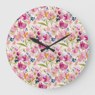 Relógio Grande Padrão Floral em Aquarela Rosa em Estilo Shabby Ch