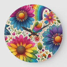 Relógio Grande Padrão Floral Hippie Arco-Íris Retrô
