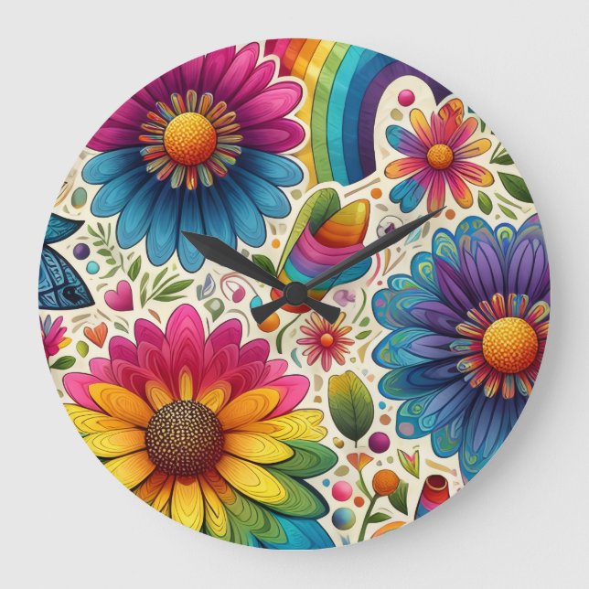 Relógio Grande Padrão Floral Hippie Arco-Íris Retrô (Frente)