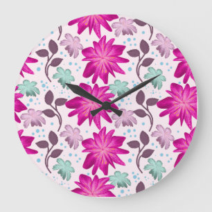 Relógio Grande Padrão Floral Rosa Vibrante Flores Modernas e Ou
