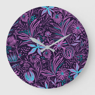 Relógio Grande Padrão Floral Roxo Escuro Moderno