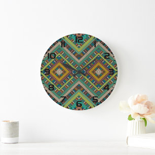 Relógio Grande Padrão Geométrico Tribal Boho Étnico Aztec