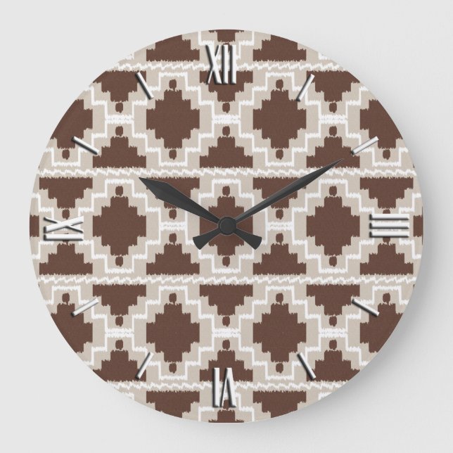 Relógio Grande Padrão Ikat Aztec - Castanho e Taupe de Chocolate (Frente)