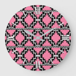 Relógio Grande Padrão Ikat Aztec - Rosa Fuchsia, Preto e Branco