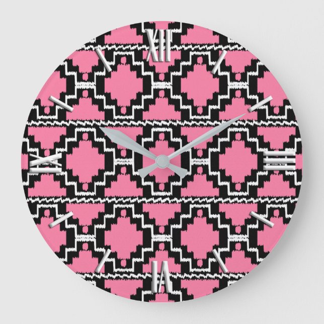 Relógio Grande Padrão Ikat Aztec - Rosa Fuchsia, Preto e Branco (Frente)