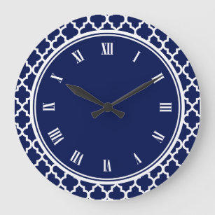 Relógio Grande Padrão marinho de Quatrefoil Azul e Branco