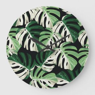 Relógio Grande Padrão Negro Exótico Monstera Leaf