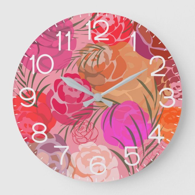 Relógio Grande Padrão rosa com flores e plantas (Frente)