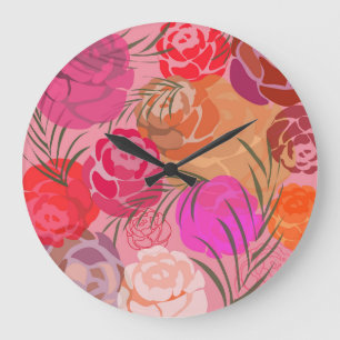 Relógio Grande Padrão rosa com flores e plantas