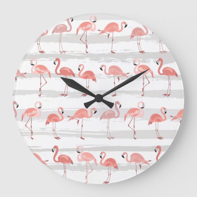 Relógio Grande Padrão Tropical Flamingo Blue Stripes (Frente)
