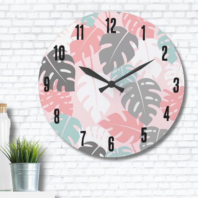 Relógio Grande Padrão tropical moderno de Monstera (Trendy Modern Monstera Leaf Tropical Pattern Large Clock )
