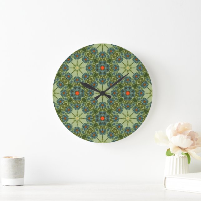 Relógio Grande Padrão vintage em verde com flores azuis (Lar)