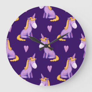 Relógio Grande Padrão Violet Unicorns Hearts Watercolor.