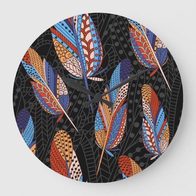 Relógio Grande Padrões Coloridos De Penas Sem Olhos. (Frente)