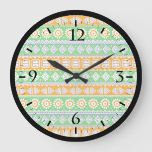 Relógio Grande Padrões étnicos verdes laranja fofos design