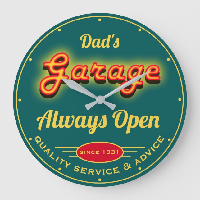 Relógio Grande Pai Garage Red Yellow Neon Effect Date Name Teal (Frente)