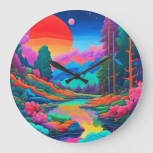 Relógio Grande Paisagem psicodélica, arte verde rosa