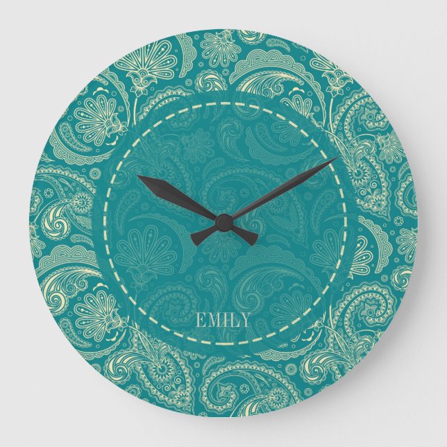 Relógio Grande Paisley Creme Verde Azul E Beige (Frente)