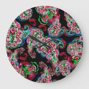 Relógio Grande Paisley Floral, Fundo Étnico.