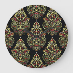 Relógio Grande paisley indiano, fundo negro geométrico