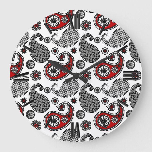 Relógio Grande Paisley pattern, Black, White e Red (Frente)
