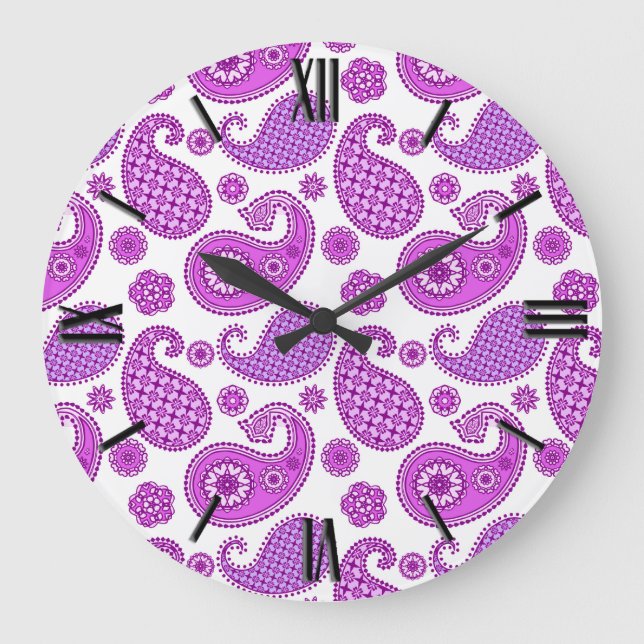 Relógio Grande Paisley, violeta, roxo e branco (Frente)