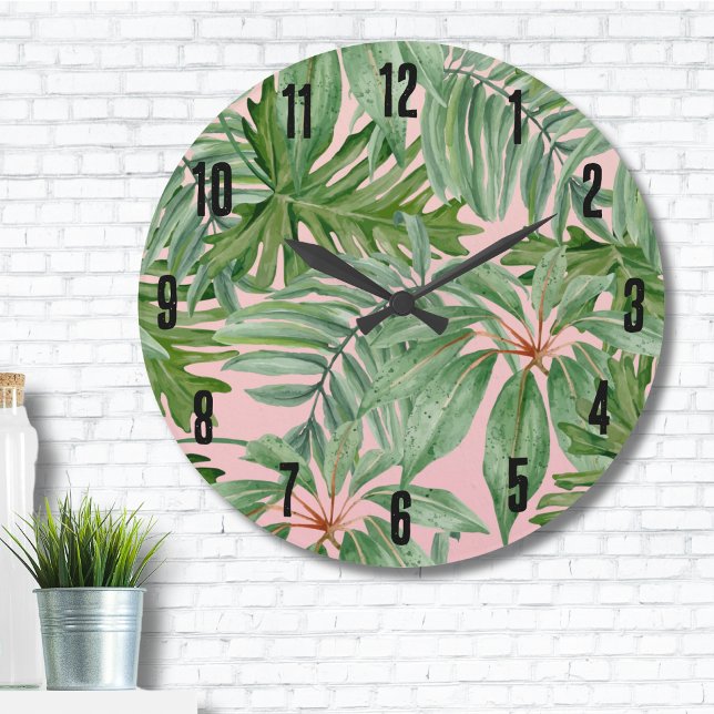 Relógio Grande Palm Leaf Tropical Floral (Simple Modern Pink Palm Leaf Tropical Floral Wall Large Clock)