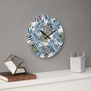 Relógio Grande Palm Verde-Mauve Tropical Deixa A Arte Aquarela