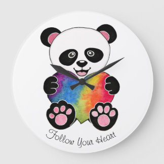 Relógio Grande Panda bonito da aguarela com coração do arco-íris